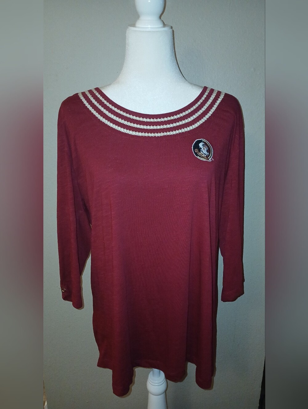 Florida Seminoles Women's Deep Red Long-Sleeve Scoop Neck Top with Cream Trim